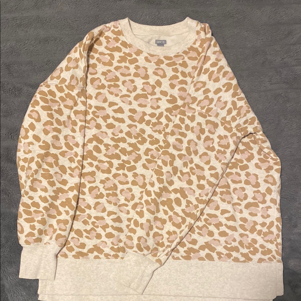 Aerie Cream and Brown Crewneck Sweater with Animal Print